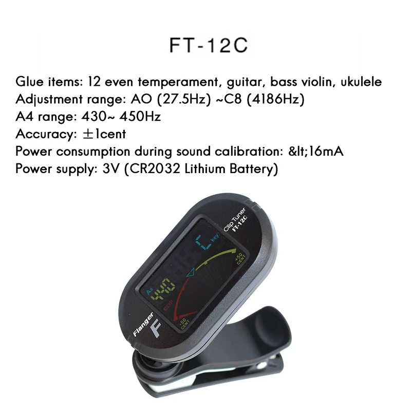 

Flanger Guitar Tuner Digital Tuner with Clip on Design for Guitar FT-12C for Acoustic Guitar Electric Guitar Bass