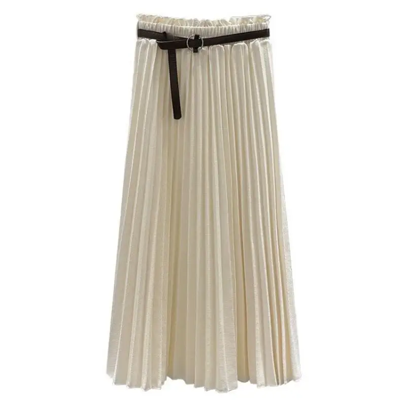 

2021 Autumn New Elastic High Waist Slim Pleated Skirt Simple Pure Color Casual Temperament Women A-line Long Skirt Free Shipping