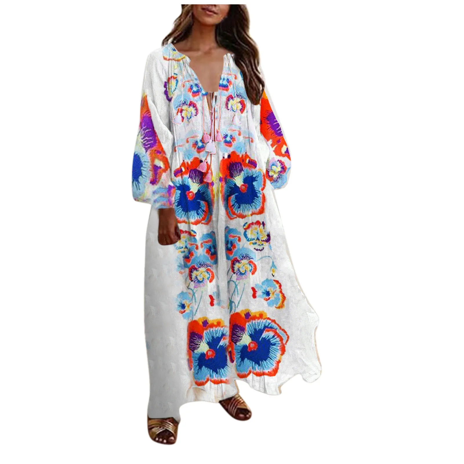 

Sagace Women Summer Floral Print Bohemian Beach Long Sleeve Casual Plus Size Maxi Dress V-neck Tassel Ladies Dresses Vestido