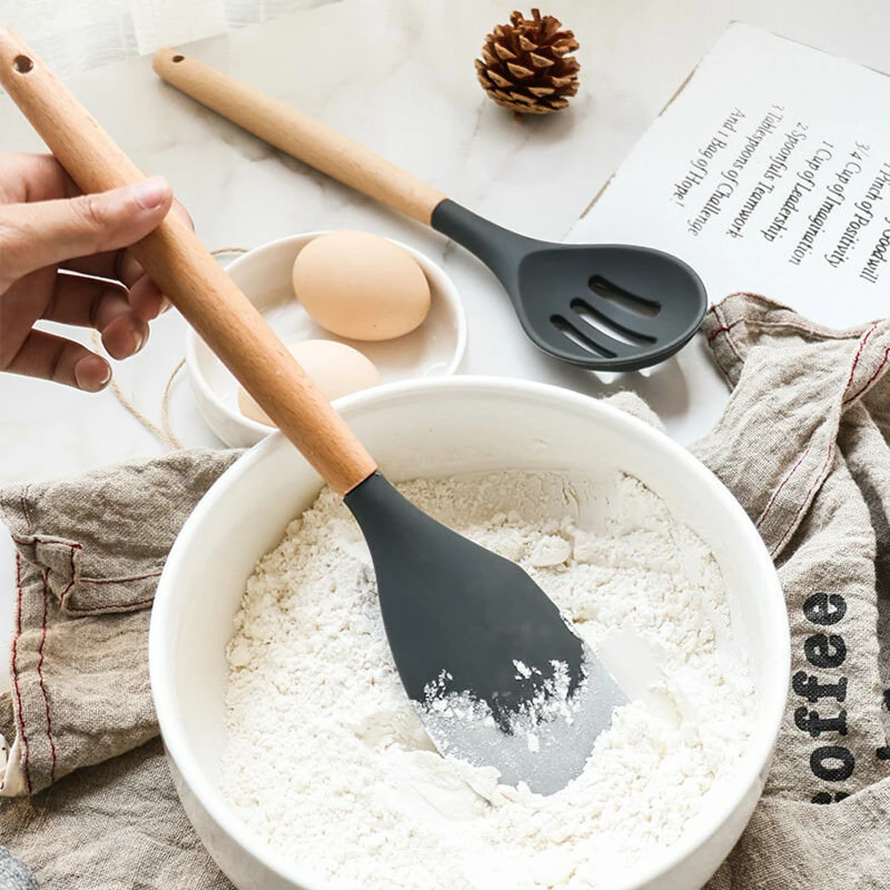 Multiple Style Wooden Handle Silicone Spatula Soup Spoon Fork Colander Shovel Cooking Utensils Kitchen Tool Suit Exquisite | Дом и сад