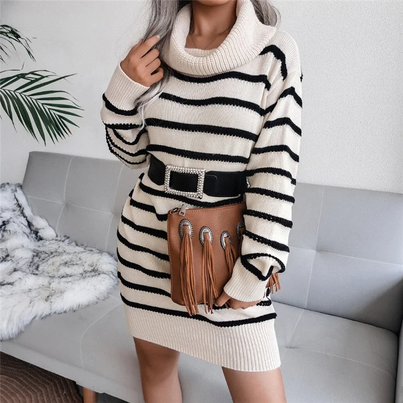 

Striped Knitted Sweater Dress Women 2021 Fashion Autumn Winter Turtleneck Long Sleeve Oversized Khaki Elegant Sweater Dresses