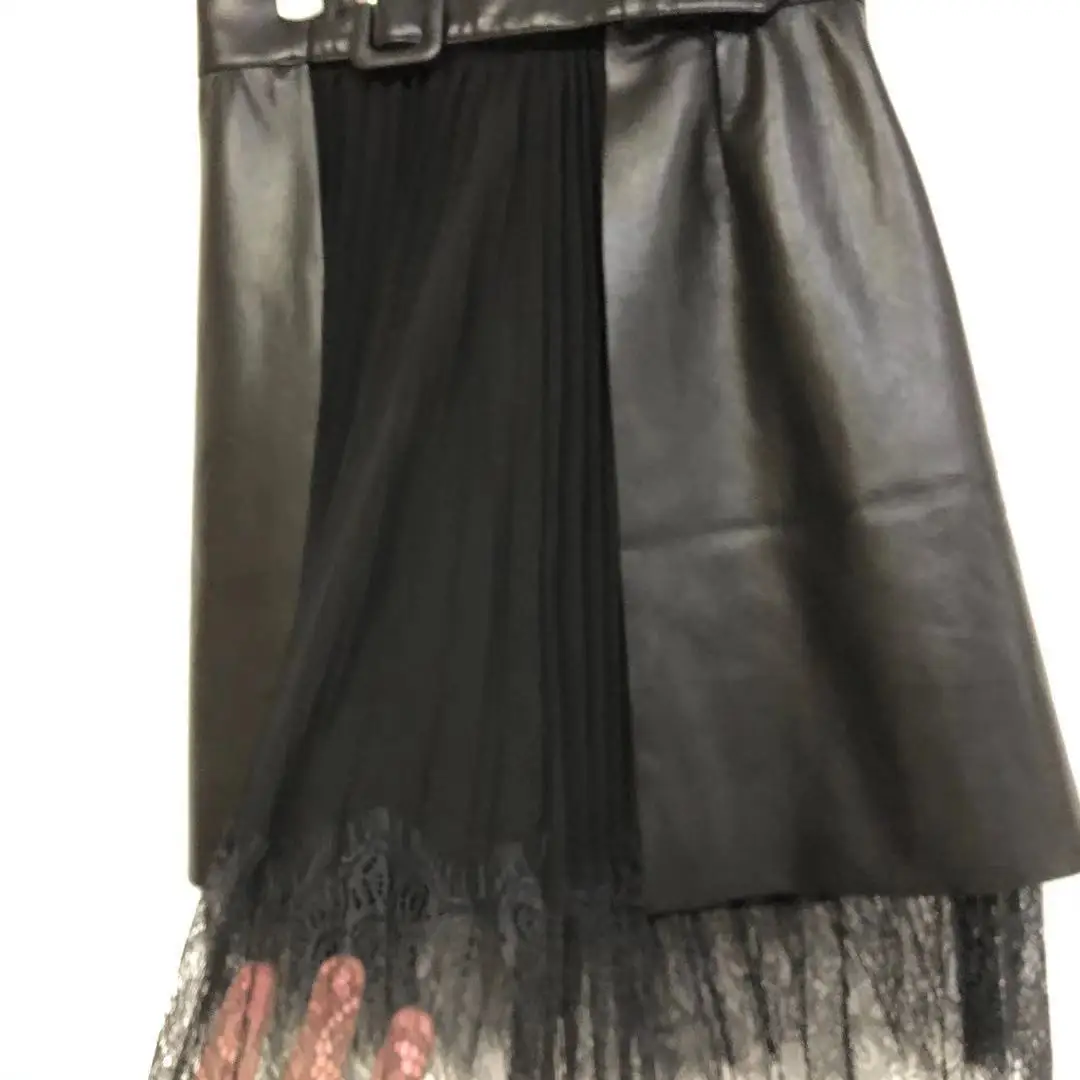 

Early Spring 2021 New Women Skirt Simple and Fashion Black Leather Lace Stitching Wrapped Short Half Skirt