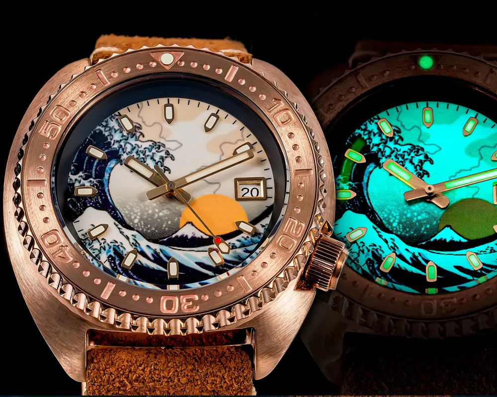 Resistência à Água Shirryu Masculino Bronze Mergulhador Relógio Kanagawa Onda Luminosa Dial Safira 200m Nh35 Movimento Automático