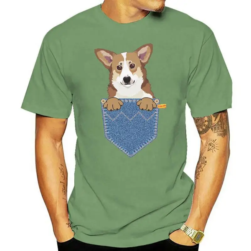 

Футболка Pembroke Welsh Corgi с карманом для собаки, подарок на день рождения, футболка для мужчин и женщин, унисекс, Хлопковая мужская футболка со ск...