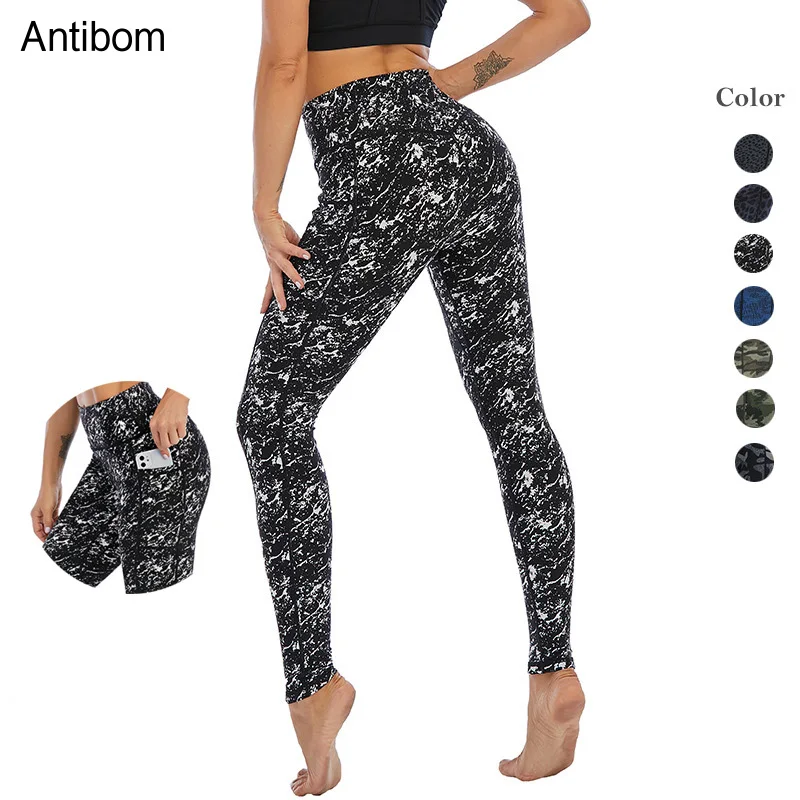 Antibom Gym Women Leggings High Waist Elastic Push Up Sport Tights Printing Yoga Pants With Pocket Running Training Trousers