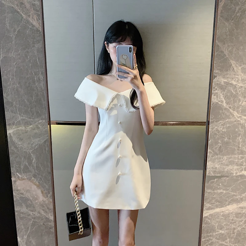 

COIGARSAM Sexy Women dress Pearl Dresses White 265