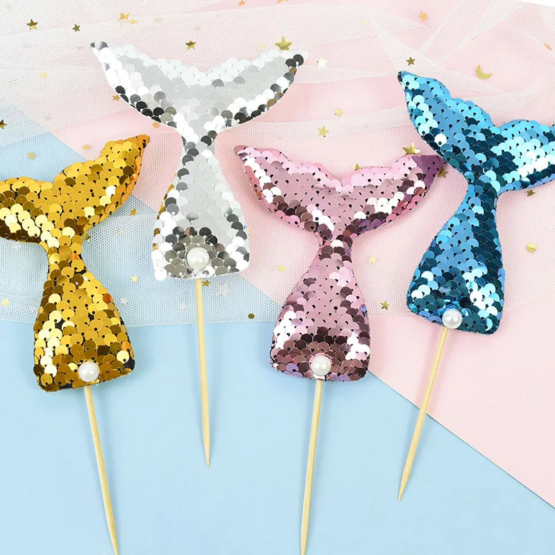 

Glitter Sequin Mermaid Tail Cake Toppers Wedding Party Baby Bridal Shower Kids Birthday Cupcake Topper Decor Food Picks 5Pcs/Lot