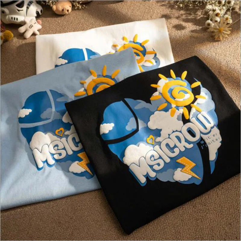 

Sun and Cloud Print T-shirt Woman Fashion Style Short Sleeve O Neck Tshirt Women High Quality Women Tops