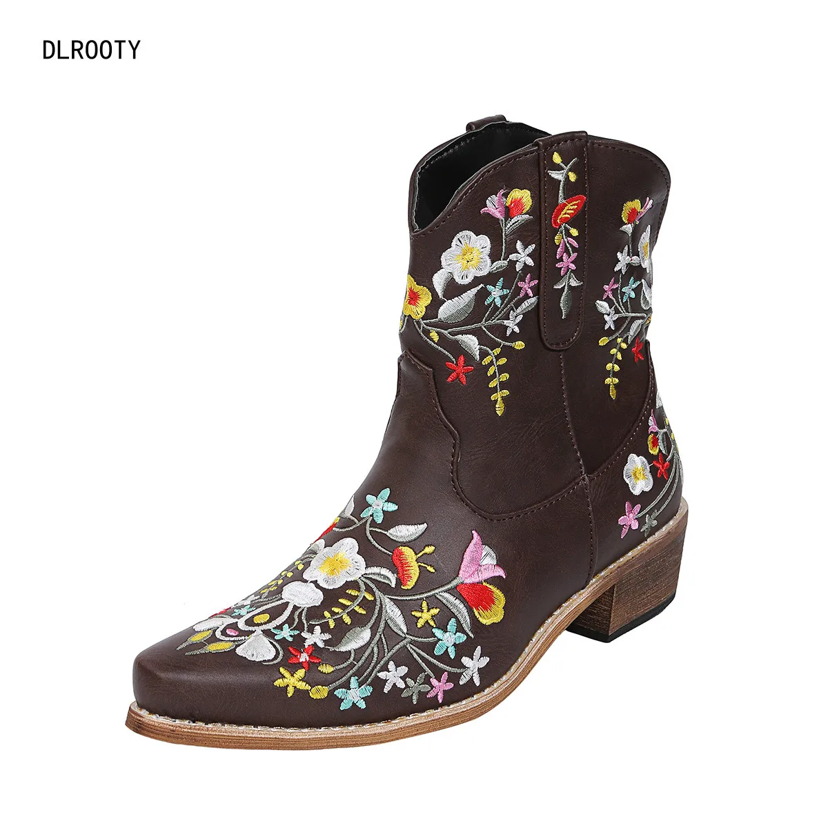 

Women High Boots Embroider Flower Pointed Toe Autumn Winter Female High Heels Shoes Leather Platform Martin Boots Plus Size