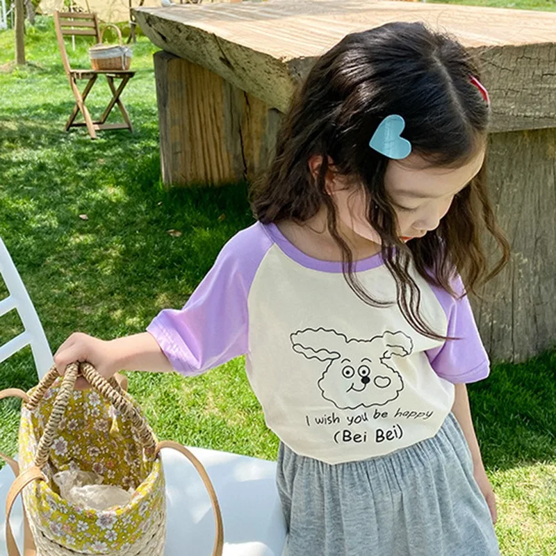 

Летние Детские хлопковые футболки с коротким рукавом и мультяшным принтом для девочек, простая дышащая детская одежда, Лидер продаж