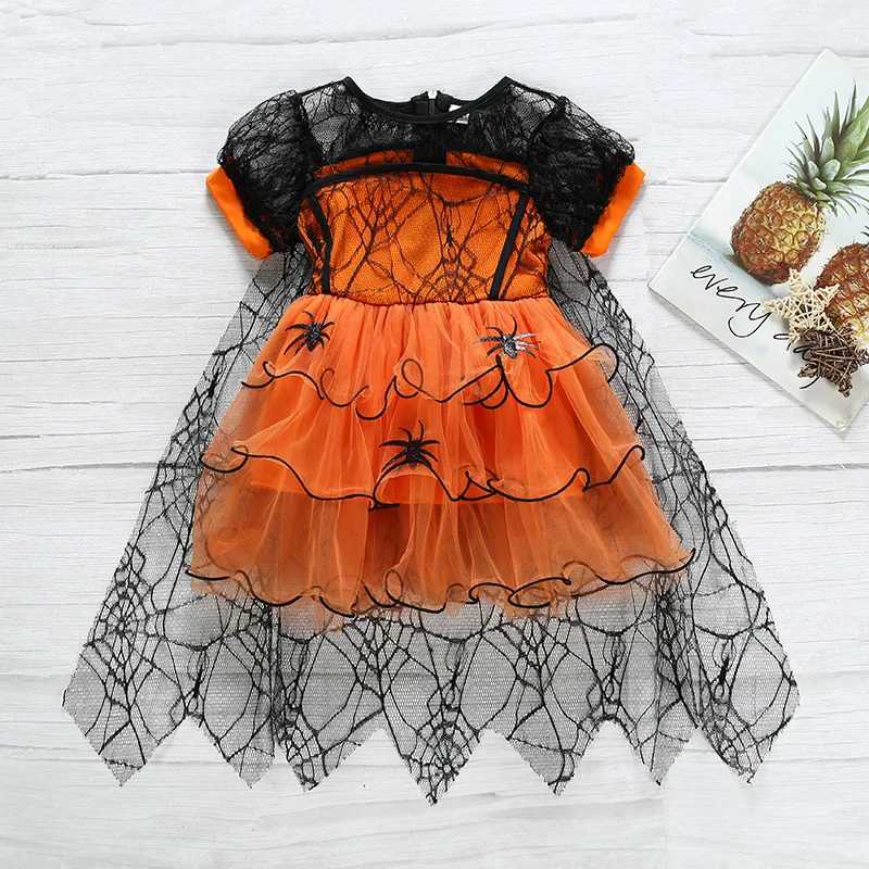 

1-5T Fashion Kids Girls Witch Lace Princess Dress Little Girls Halloween Pumpkin Party Costume Dresses Spider Web Gauze Outfits