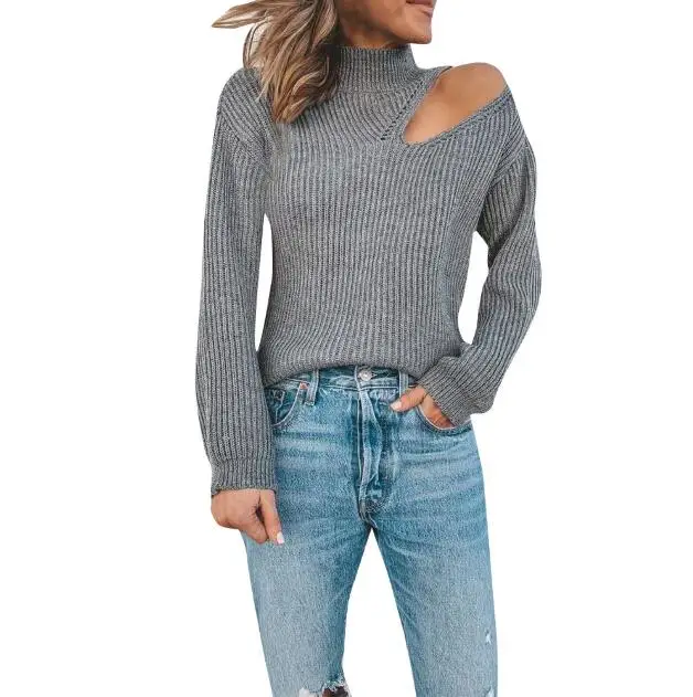 

Women's Sweater Off Shoulder High Neck Long Sleeve Threaded Knitted Top for Female Autumn Spring Winter Loose Sweater Streetwear