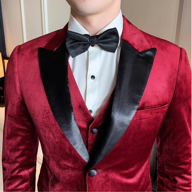 (Куртка + жилет брюки) 2019 высококачественные бархатные блейзеры Мужские костюмы