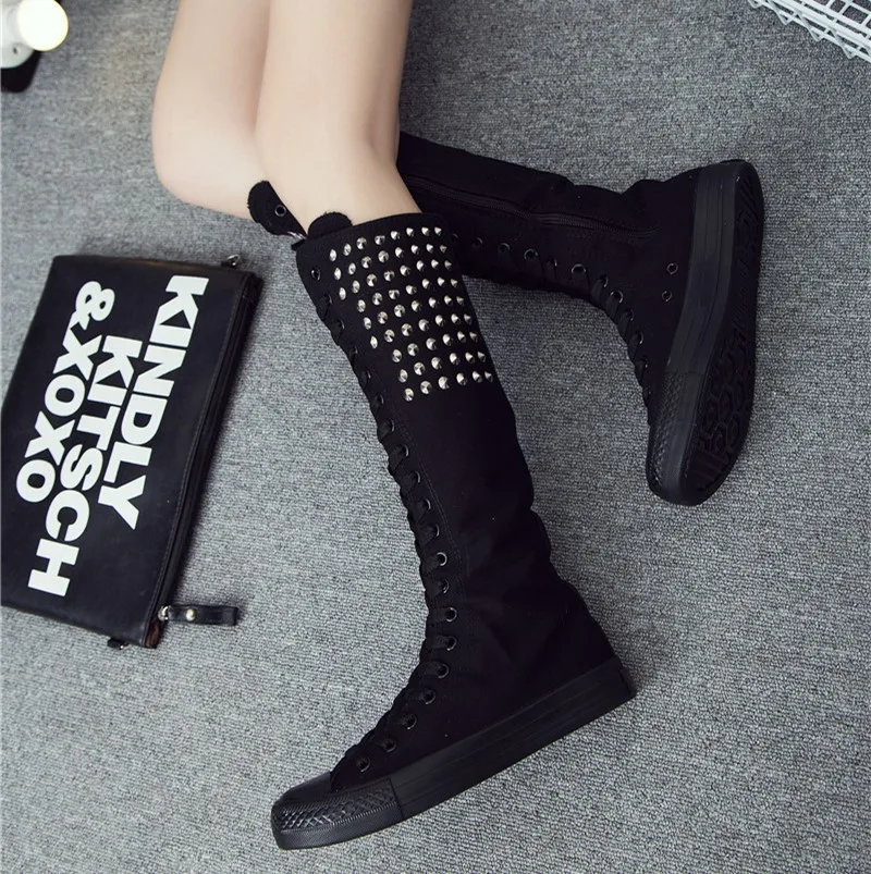 

Canvas Shoes Women Zipper Lace Up Casual High Top Sneakers Comfortable Flat Boots Long Boots Spring Autumn 2021 New