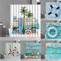 beach coconut tree shower curtain starfish wooden board nautical anchor swimming ring surf boards bus sea scenery bath curtains