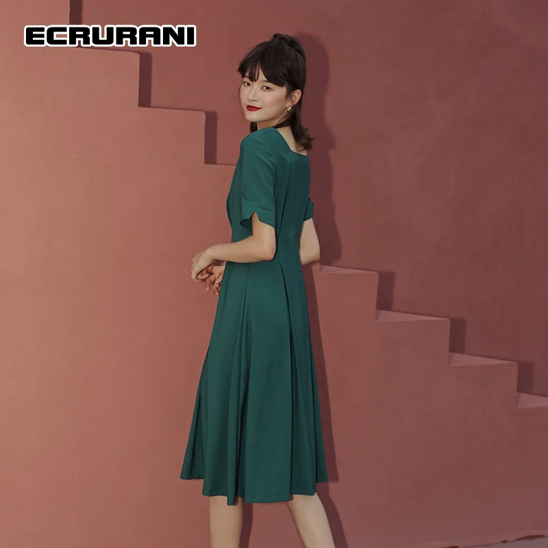 

ECRURANI Vintage Solid Dress For Women V Neck Short Sleeve High Waist Button Tunic Midi Dresses Female New 2021 Summer Fashion
