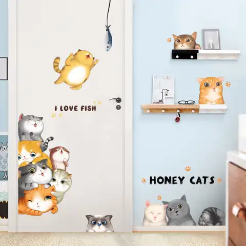Наклейка на стену с изображением кота для детской комнаты, самоклеящиеся наклейки с переключателем для маленьких девочек, наклейки на стен...