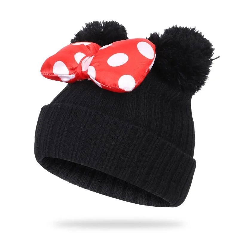 

Children's Hat Bowknot Knitted Hat Baby Boys And Girls Beanie Warm Cartoon Double Pompom Cap