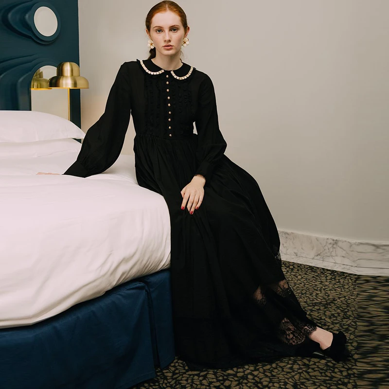 

Long Dress Runway Diamond Beading Collar Vintage Elegant Lace Patchwork Spring Autumn New Women'S Party Dress