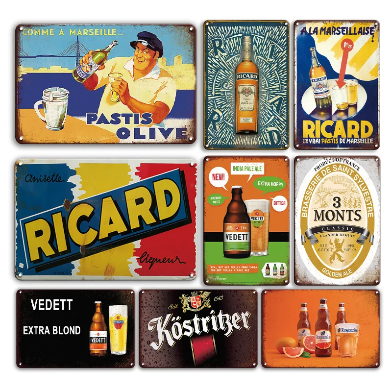 New Arrival Beer Brand Metal Plate Sign Vintage Kitchen Bar Decor Plaque Cartel Metal Retro Ricard Tin Poster Cast Iron Signs