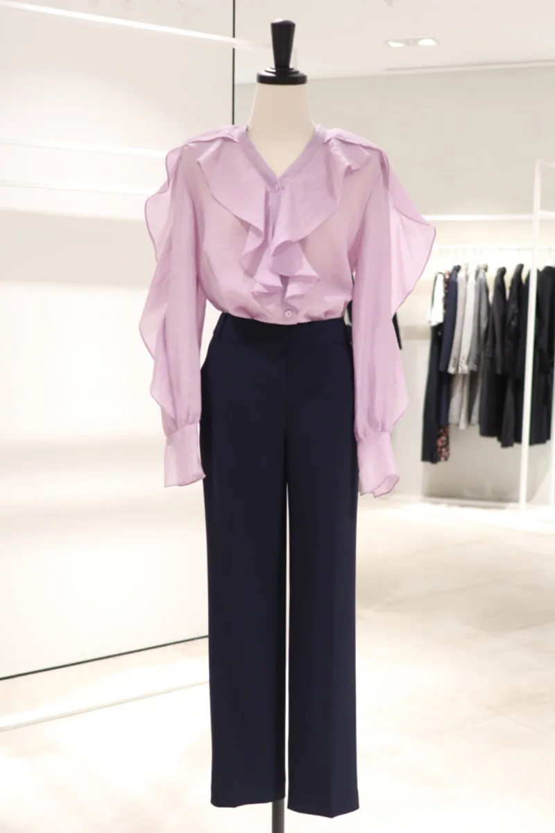 

Elegant Ruffle Shirt for Women 2021 Spring and Summer Fashion V-neck Shirts Top Wooden Ear Loose Long Sleeve Niche Simple Blouse