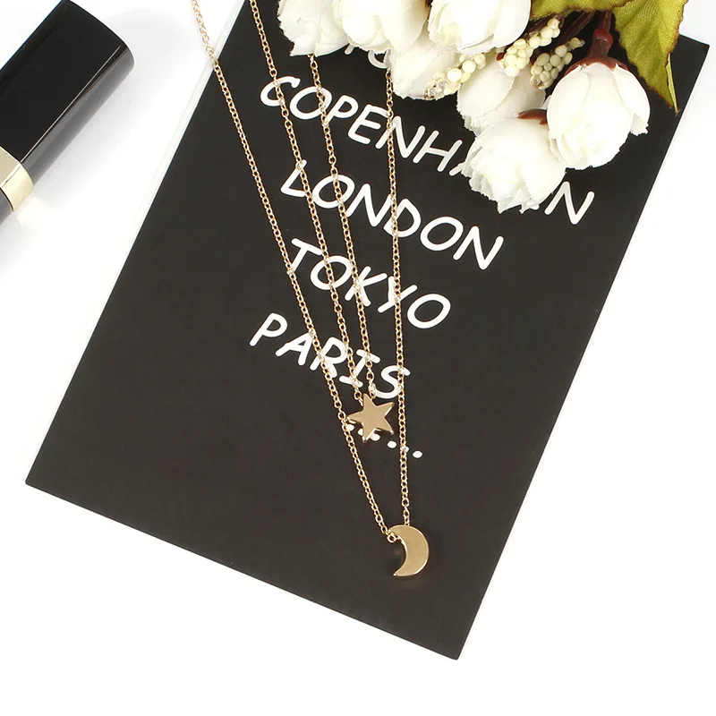 Модное Двухслойное металлическое ожерелье с подвеской в виде Луны и звезды