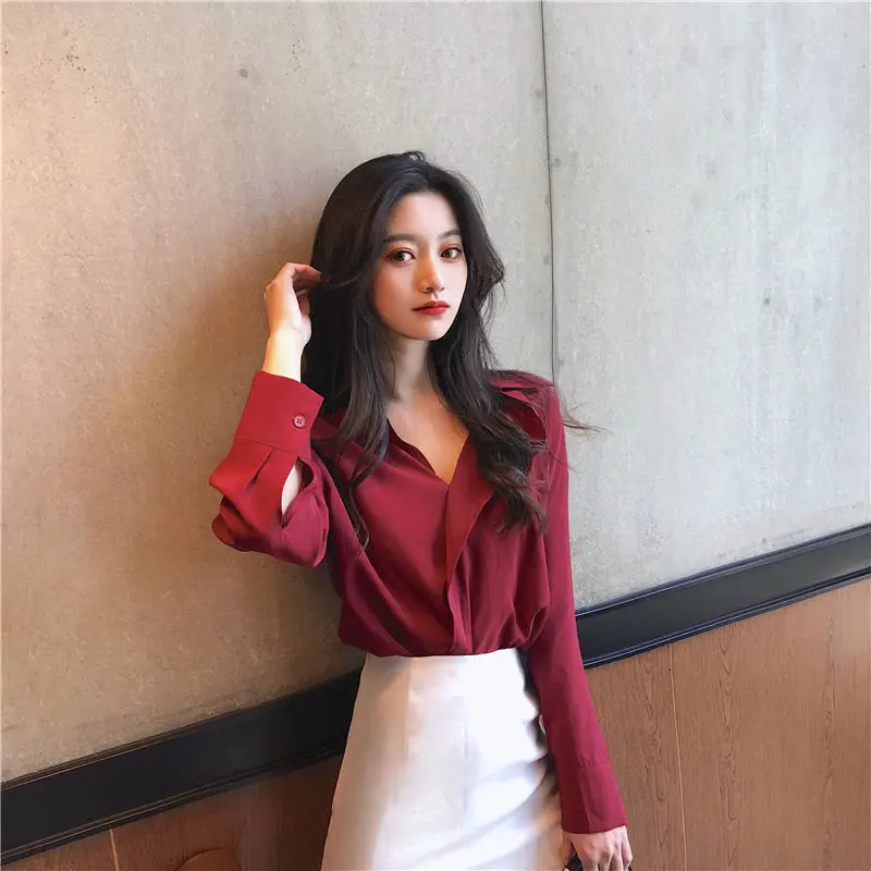 

2021 New Women Autumn Solid Shirts Blouses and High Waist Bodycon Pencil Skirts Suit Korean Chic Office Lady 2 Pieces Set Q524