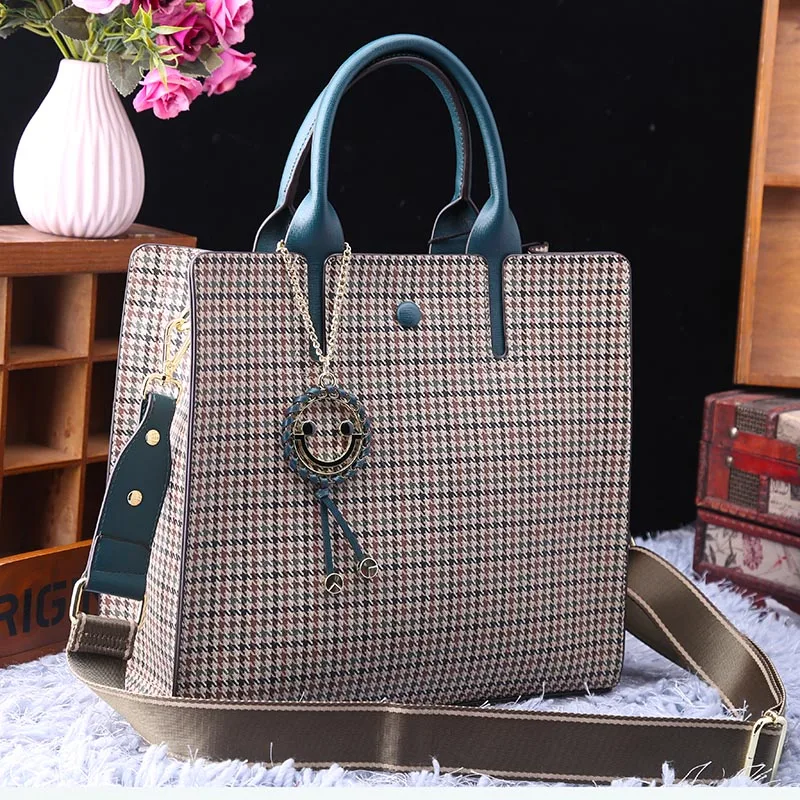 

Genuine Leather 2020 New Fashion Female Bag Thousand Birds Plaid Handbag File Bag Large Capacity Messenger Bags Women Handbags