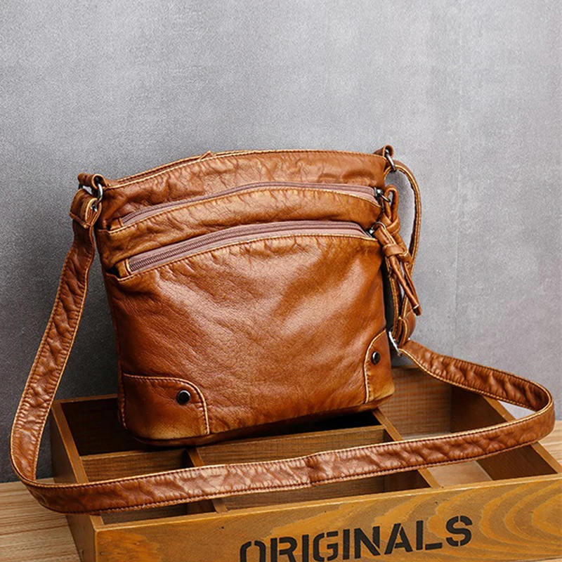 2021 Women Shoulder Messenger  Ladies Fold Over Small Bag Female Vintage Retro Soft PU Washed Leather Multi-Pocket Crossbody Bag