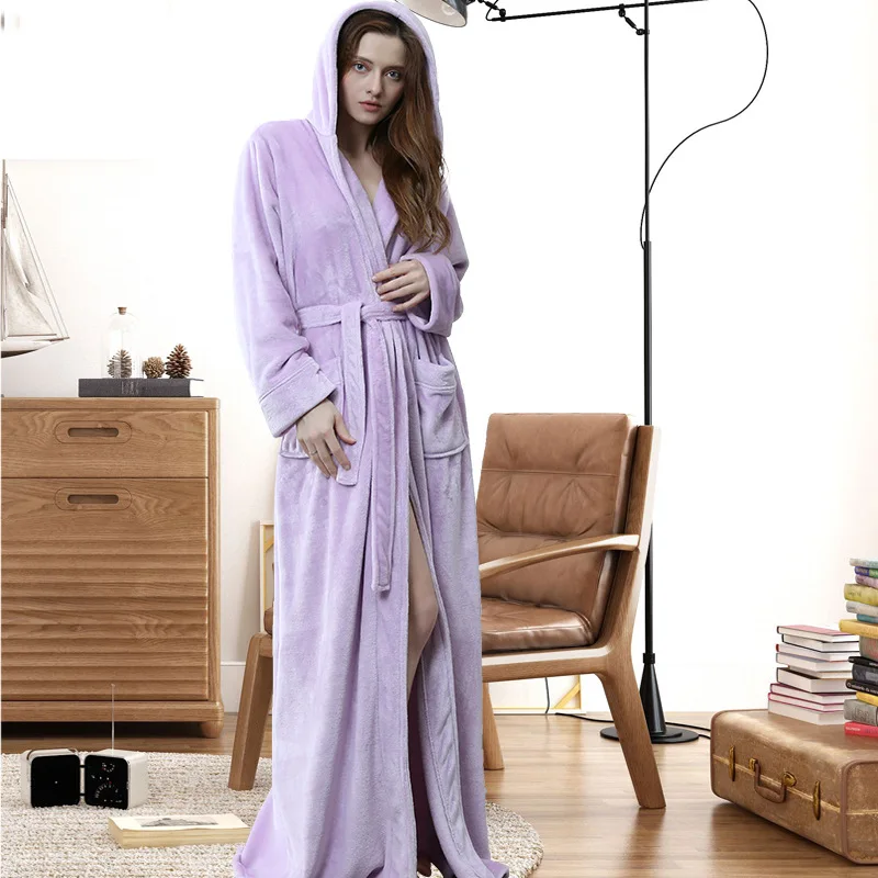 women hooded purple Фланелевый Халат для влюбленных размера плюс, удлиненный теплый Халат с капюшоном для мужчин и женщин, плотное зимнее кимоно, банный халат, мужской халат, халаты - Цвет: women hooded purple