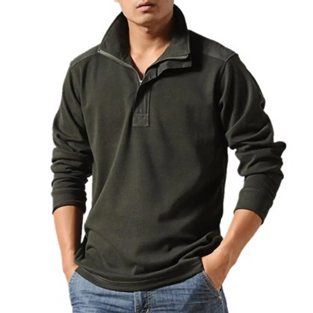 

Men Polo Shirt Solid Color Stand Collar Loose Plus Size Business Casual Autumn Top for Daily Wear