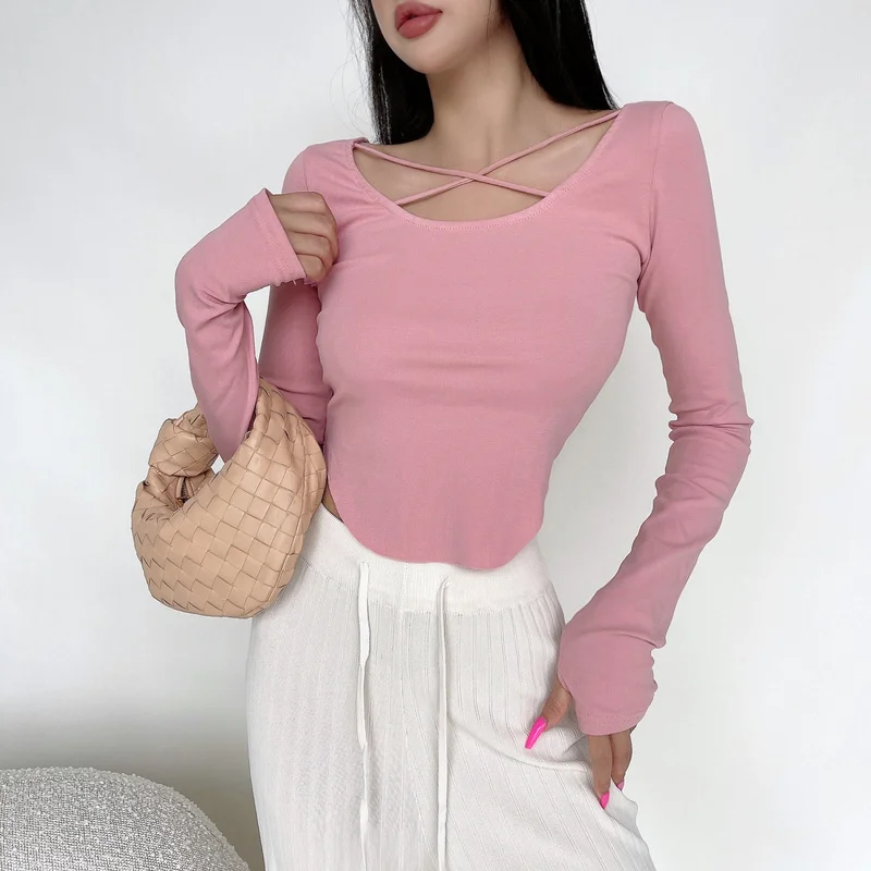 

WOMENGAGA Cross O Neck T-shirt Women 2021 New Slim Short Long Sleeve Base Autumn TShirt Top Tees Korean Pink Sexy Tops FJT9