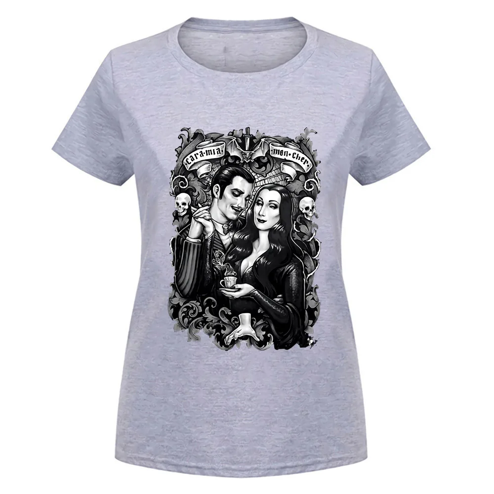 women gray Черная футболка Cara My Mon Cher Morticia And Gomez The Addams family Horror футболка с фигурным рисунком - Цвет: women gray