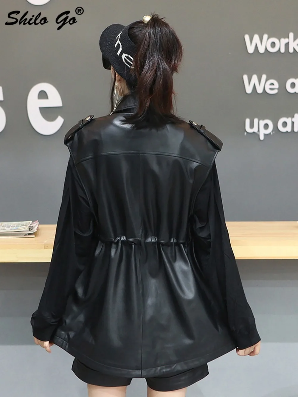

Safari Style Pockets Buttons Front Sleeveless Coat Women Winter Casual Genuien Leather Jacket Drawstring Wasit Sheepskin Outwear