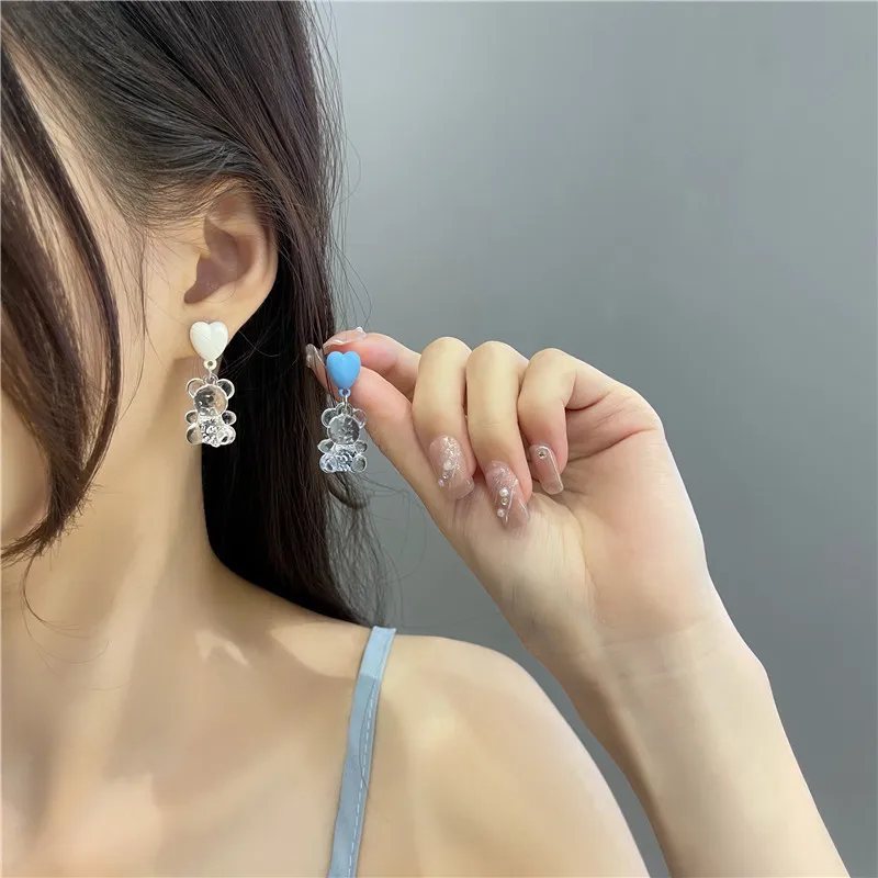 

S925 Silver Needle Transparent Bear Earrings for Women 2020 New Cute All-match Earrings Female Non-pierced Ear Clips