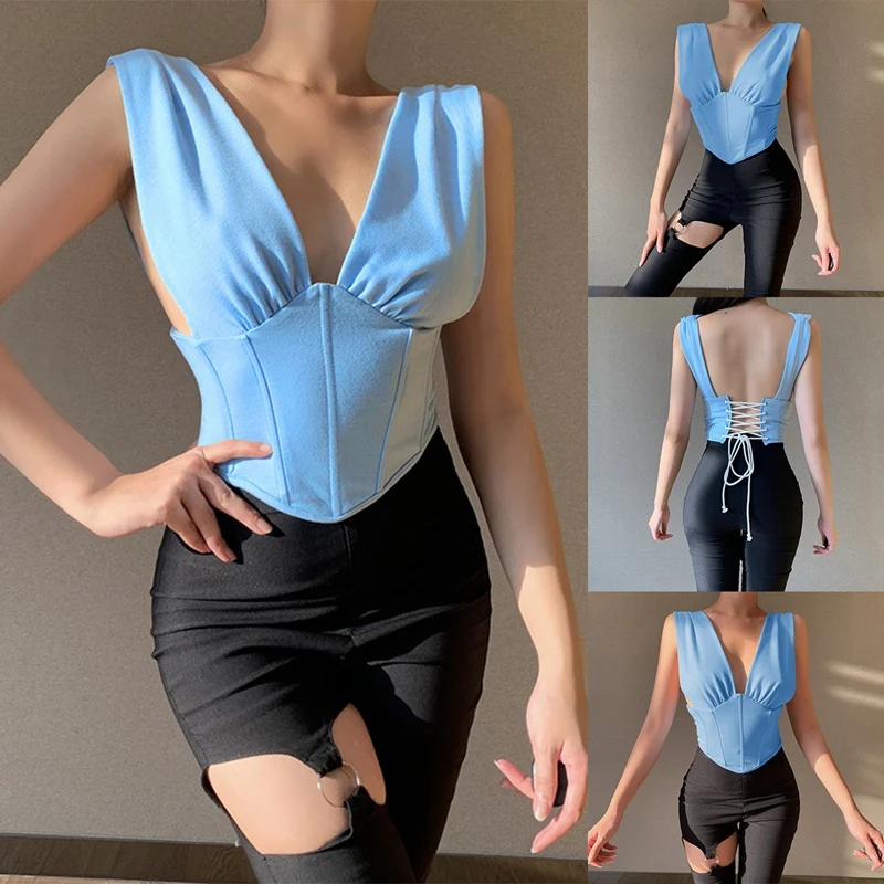

Bandage Velvet Crop Tops Women Casual Sleeveless Backless Streetwear Skinny Slim Female Vests