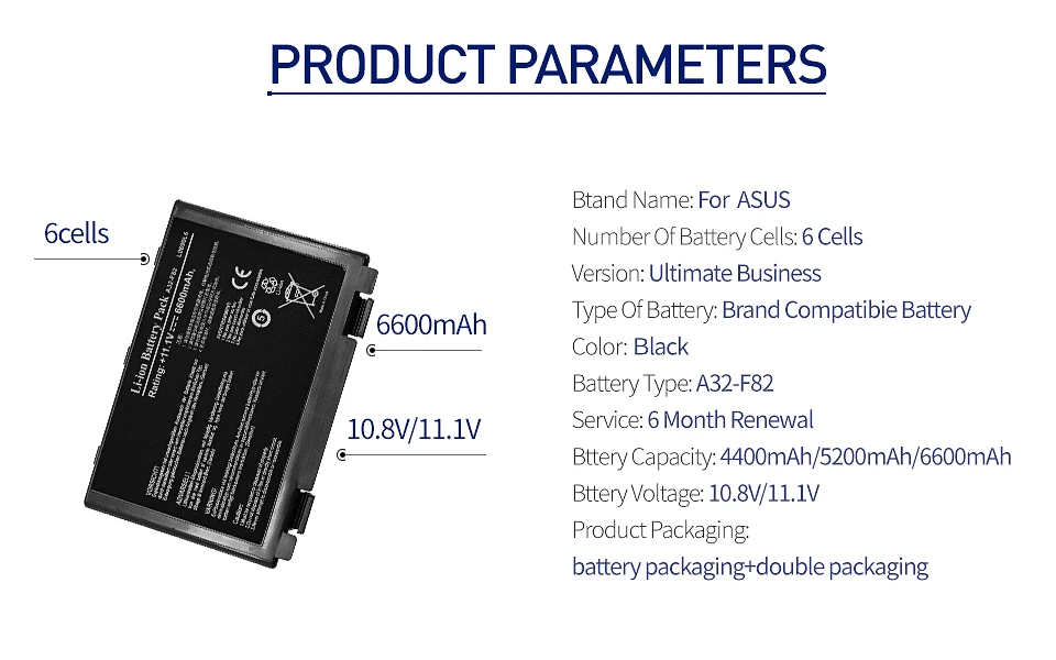 11,1 v Аккумулятор для ноутбука ASUS A32-F52 A32-F82 A32 F82 X5A X5E X70 X8A K40 K40in K50 K50in k50ij K50ab K51 K60 K61 K70 P81
