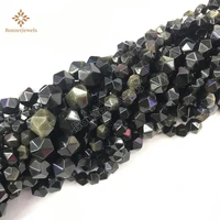 natural diamonds cut gold obsidian stone star polygon faceted round beads for jewelry making diy bracelets necklace 6810 mm
