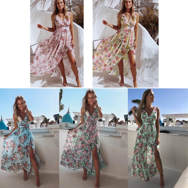 

2021 New Summer Women Sexy Dress Print V Neck Split Maxi Dress Floral Spaghetti Strap Party Chiffon Elegant Casual Dresses Beach