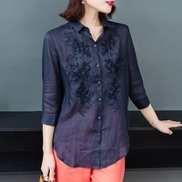100 cotton linen womens shirt plus size embroidery blouse 34 sleeve elegant button up shirts ladies clothing top female