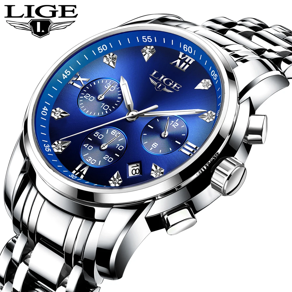 Часы наручные LIGE Мужские кварцевые с хронографом водонепроницаемые полностью