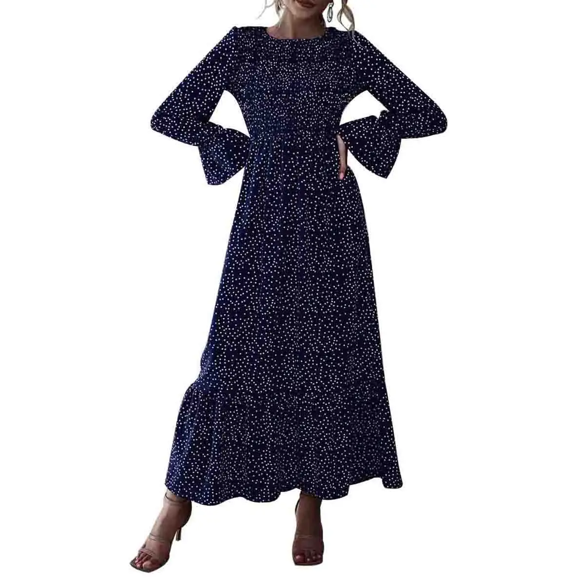 New Fashion Women Ladies Autumn Casual Loose Polka Dot/Floral Print Dress Female Puff Sleeve Mid-waist Long Black Red | Женская одежда