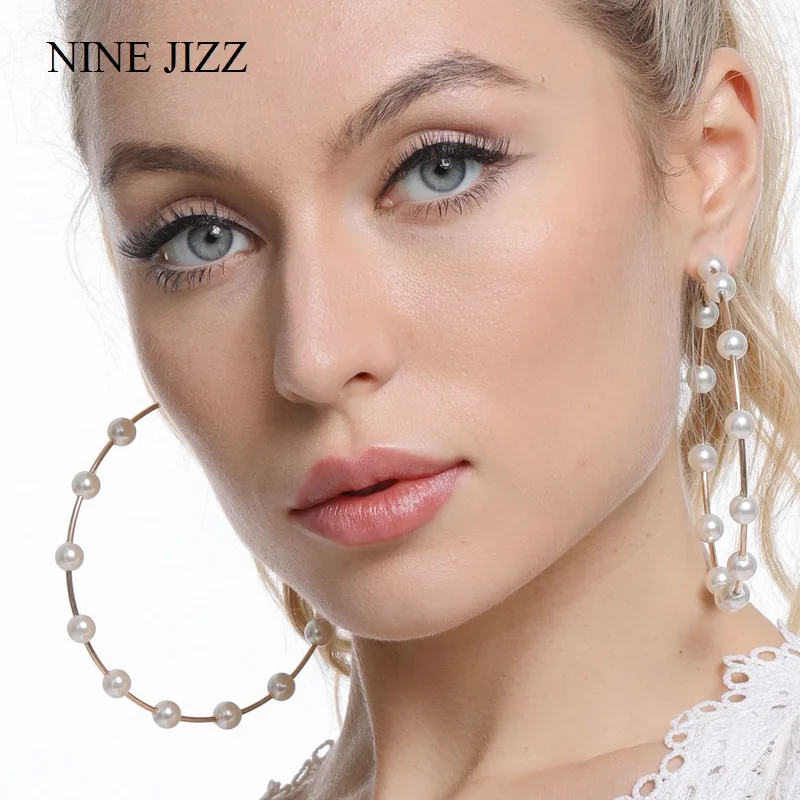 Серьги-кольца NINEJIZZ с жемчугом модные большие круглые кольца эффектные серьги