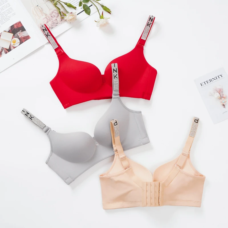 Women Push Up Diamonds Bra Gathered Lnlay Pink Letter Masonry BaldricTop Gather Adjustable 32-44  plus size clothing for women