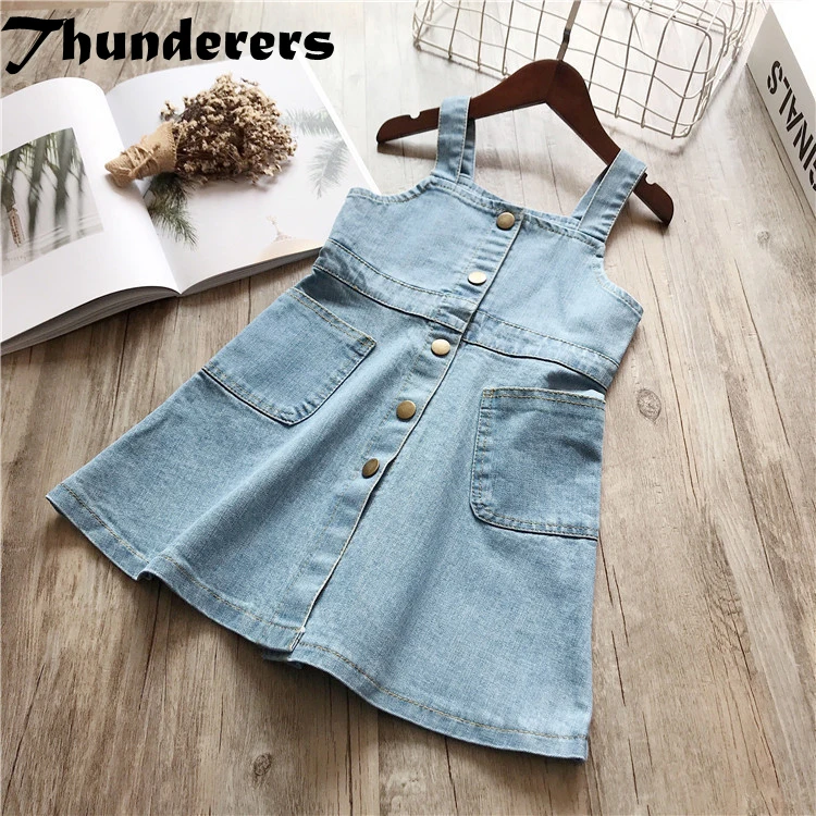 

Thunderers Summer Jeans Kids Dress Sleeveless Button Denim Children Dresses Girl Princess Dress Toddler Baby Clothes 3Y-7Y