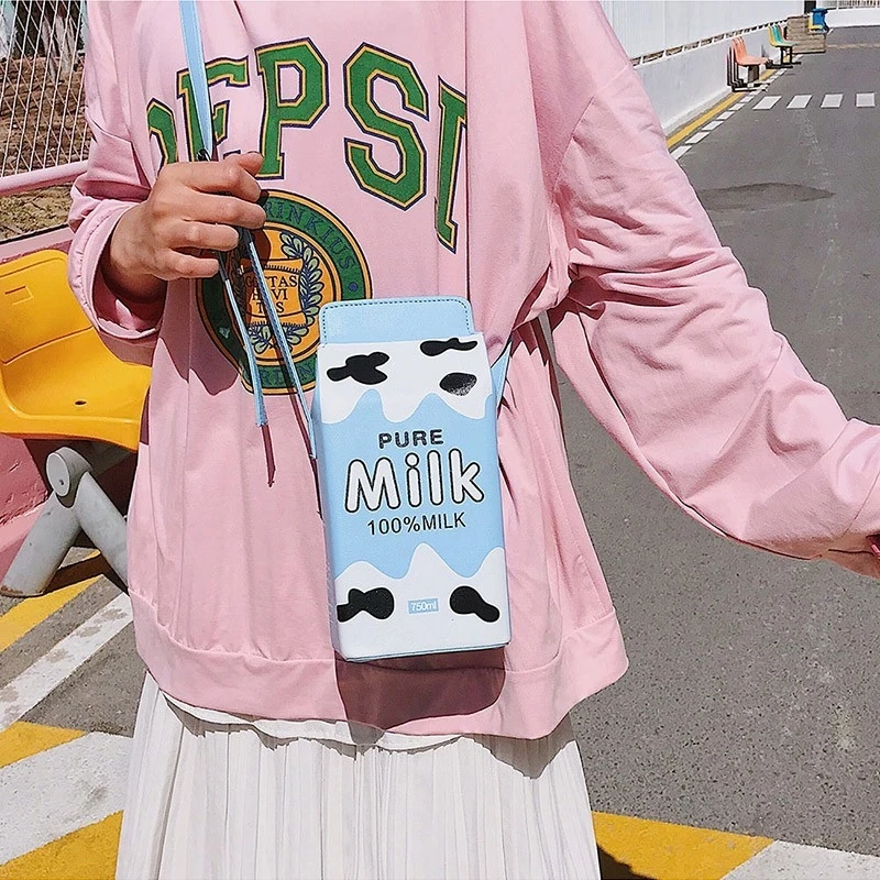 Женские сумки через плечо с мультипликационным принтом фруктов, молока, банана, клубники, мини-кошелек для телефона, маленькая сумка из искусственной кожи, женские сумки через плечо