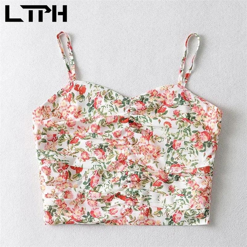 

LTPH ins fashion niche design floral sleeveless camisole sexy short top Back zipper Folds women tanks crop tops 2021 Summer New