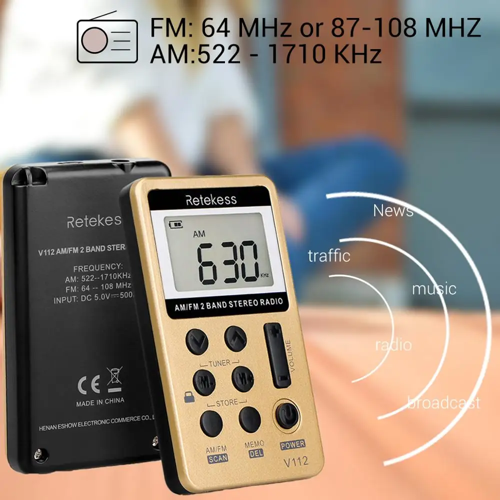 Retekess V112 Мини карманный радио FM AM 2 диапазона радио приемник Цифровой настройки с перезаряжаемой батареей и наушниками F9202