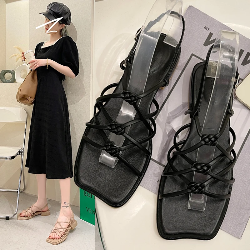 

Square Toe Fashion Womens Shoes 2021 Buckle Strap All-Match Female Sandal Clear Heels Luxury Summer Low Girls Flat New Beige