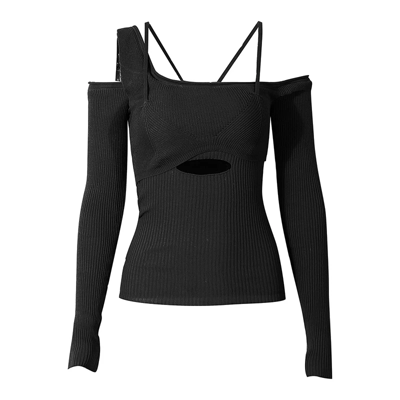 

Hollow Off-shoulder Knitted Sweater 2021 New Sexy Loose and Irregular Tailoring Oblique Collar Long-sleeved Women's Pullover